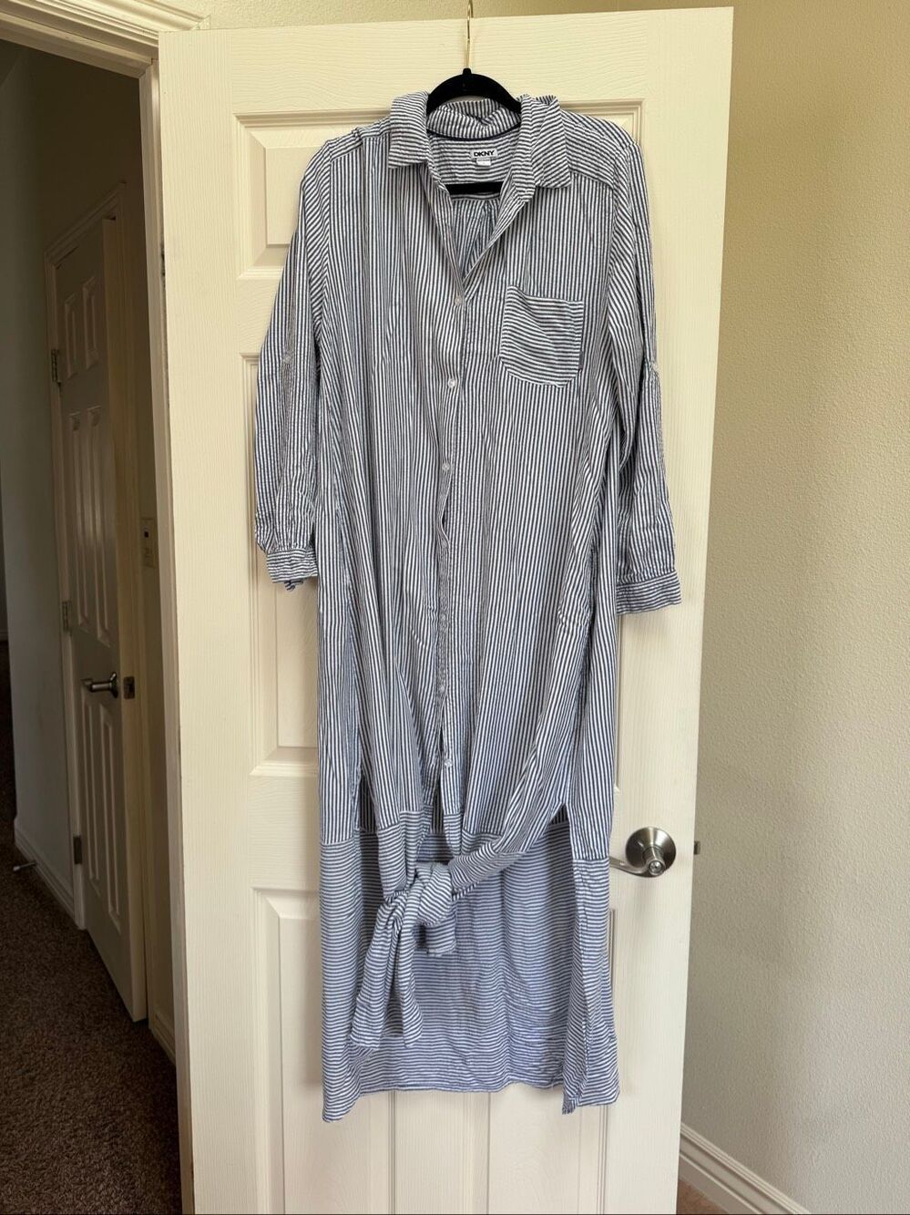 DKNY women’s large button dress shirt stripes blue white nautical beach summer l